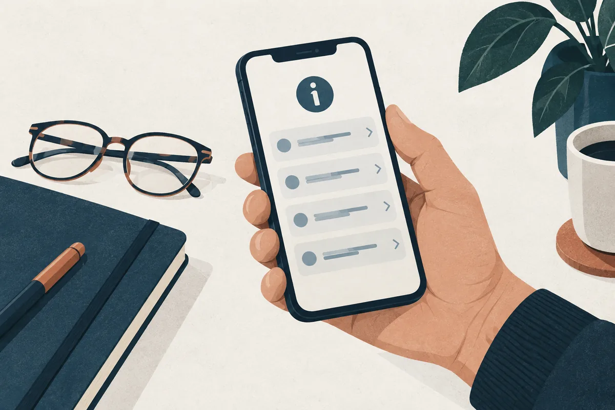 Illustrasjon av en hånd som åpner informasjon på en mobiltelefon